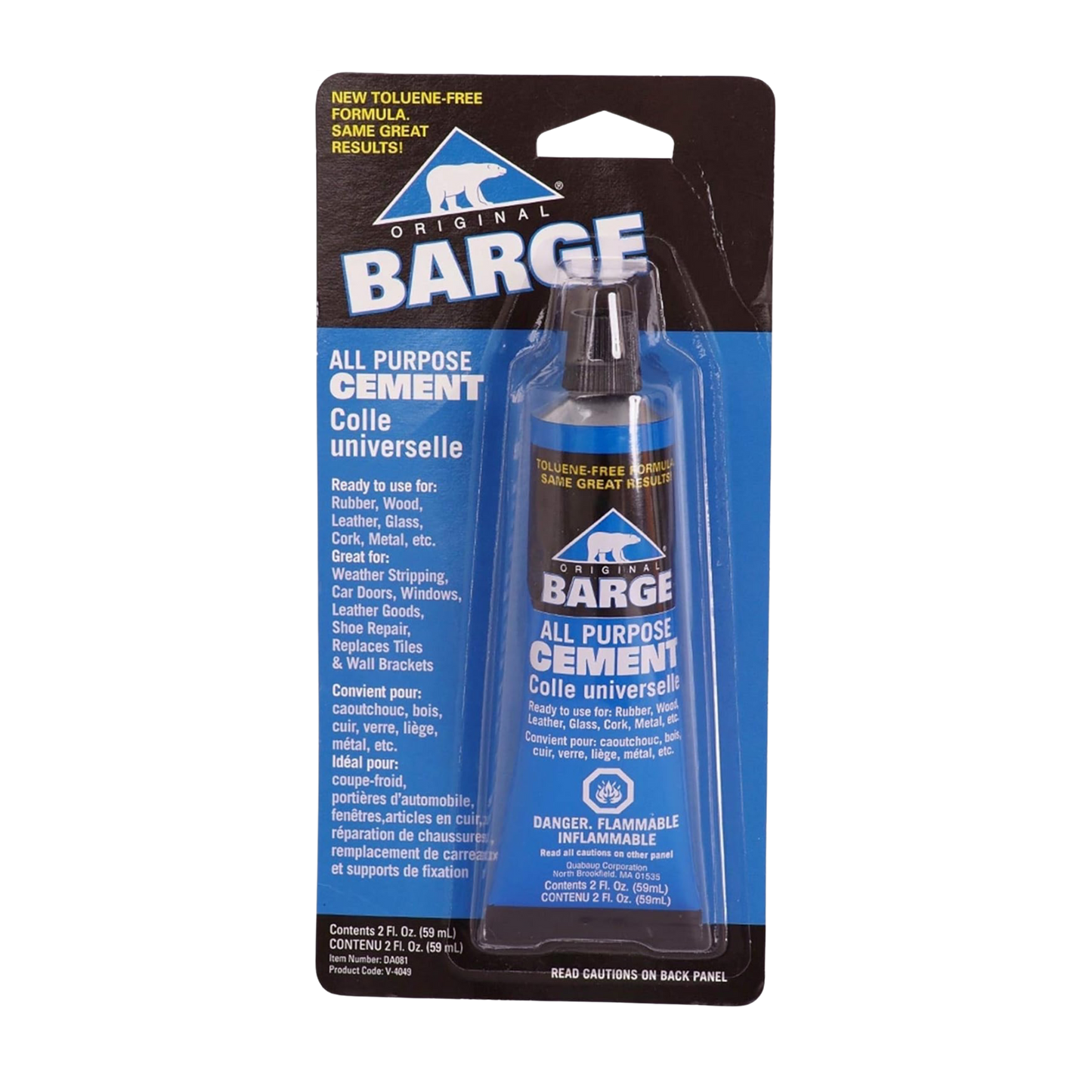 Cover photo of product package. Small 3/4 oz tube of adhesive all purpose cement glue inside of paper backed plastic covered product packaging with name and description."New Toulene-Free Formula. Same great results. Original Barge All purpose cement Colle Universelle. Ready to use for : rubber, wood, leather, glass, cork, metal, etc. Great for: weather stripping, car doors, windows, leather goods, shoe repair, replaces tiles and wall brackets. Convient Pour: caoutchouc, bois, cuir, verre, liege, metal, etc,